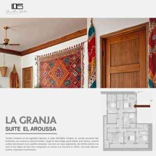 Suite Aroussa.
Maison d'hôtes 
Teintée d’histoire et de pigments naturels, la suite AROUSSA s’inspire du monde ancestral des teinturiers. Les couleurs y sont profondes : rouge vif, bleu indigo, jaune safran, brun terreux, comme sorties directement d’une palette artisanale. Les murs en chaux pigmentée, les étoffes teintes à la main et les objets en bois brut composent un univers à la fois brut et raffiné. Une suite vibrante, vivante, empreinte d’authenticité.
#luxurydesign #luxurylifestyle #artisanattunisien #maisondhôtes #luxuryhouse